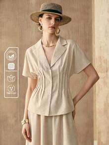 SHEIN Conjunto de 2 piezas para mujer de tejido con cuello en V, mangas murciélago, cintura ceñida, estilo casual elegante para ir al trabajo, citas y vacaciones - Albaricoque - Ver 7