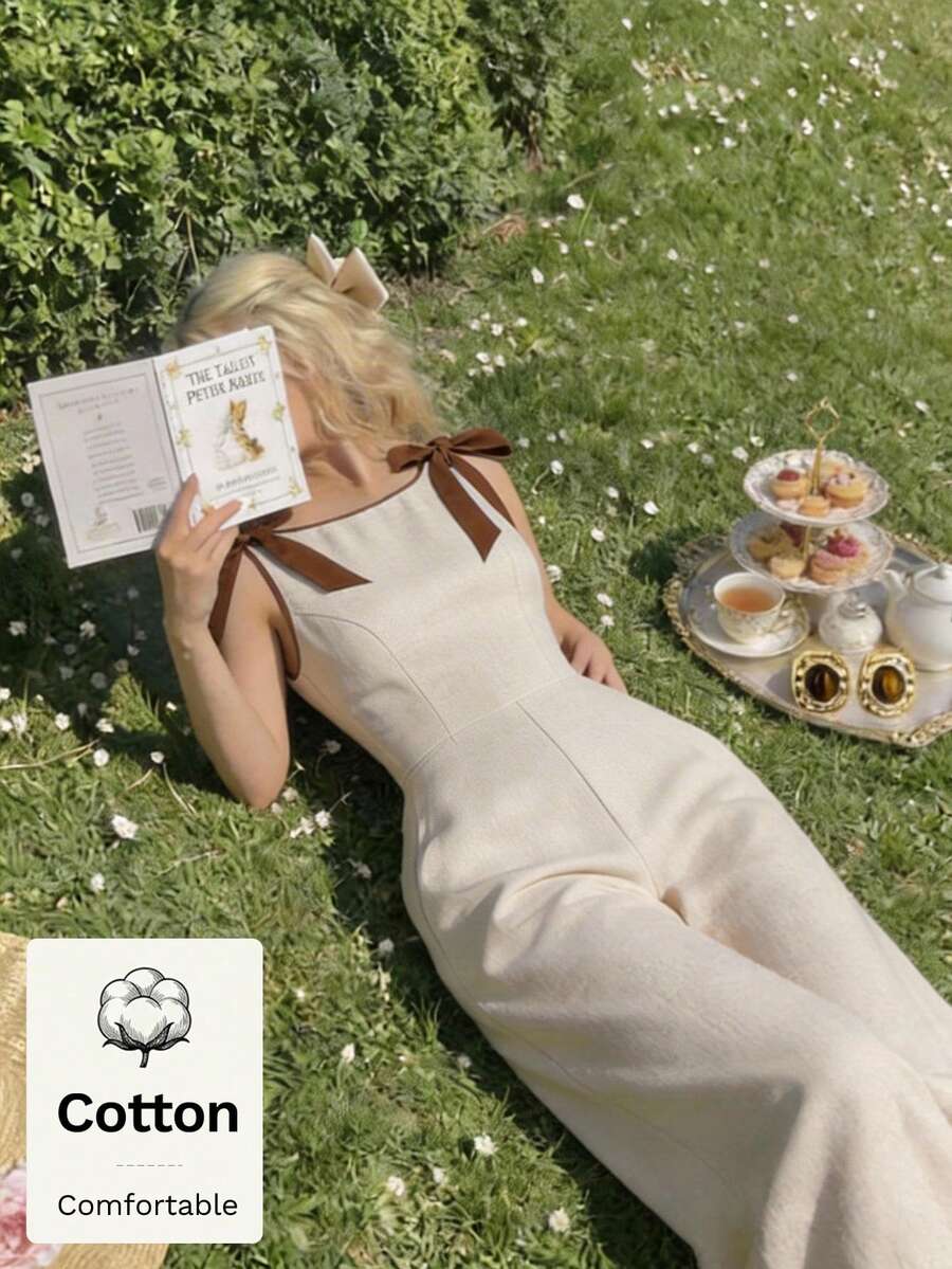 SHEIN MOD 女款棉質圓領無袖卡其色連身褲,對比色滾邊、蝴蝶結裝飾、收腰設計與喇叭裙擺 – 復古宮廷風、老錢風,適合上班、開學、約會、派對、節慶及生日,蝴蝶結連身褲、優雅連身褲、棕色連身褲,情人節 - 杏色 - 查看 1