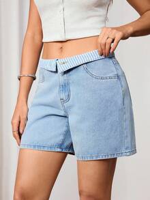 SHEIN Women's Blue And White Stripe Summer Loose Slimming Casual Streetwear Y2k A-Line Cuffed Denim Shorts Unique Contrast Color Striped Waistband - Light Wash - View 4