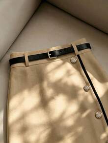 Franclia Women's Elegant Waist-Cinching Color-Block Hem Slit Long Skirt, Summer, Spring, Party, Wedding And Events, Holiday, Casual Skirt, Color-Block Hem Metal Buckle A-Line Skirt, Luxurious And Noble - Khaki - View 5