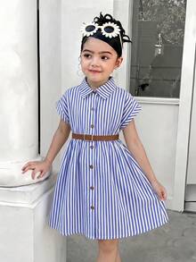 Elladie kids 女童春季寬鬆梭織落肩修身粉色條紋領口前開扣襯衫洋裝，附時尚腰帶，適合休閒日常穿著、舒適度假造型、少女正式洋裝 - 寶藍色 - 查看 6
