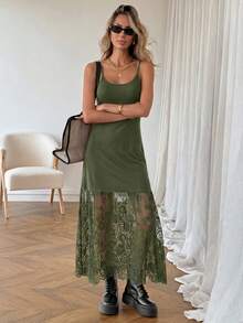 Easowa 女款優雅休閒度假蕾絲拼接細肩帶洋裝 性感深綠色夏季度假風 - 軍綠色 - 查看 6