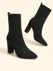 CUCCOO BASICS Women Fashion Shoes Knitting Point Toe Chunky Heeled Sock Black Boots - Hitam - View 6