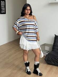 Coolane 女款大尺碼夏秋復古街頭風休閒優雅寬鬆藍色條紋針織不對稱領短袖T恤 - 藍白色 - 查看 3