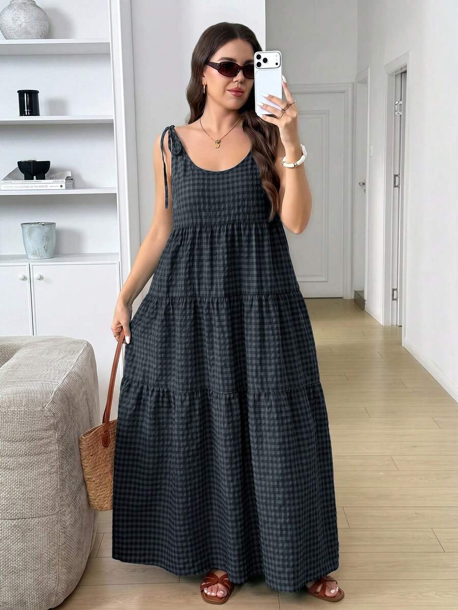 SHEIN LUNE 大尺碼夏季休閒格紋無袖洋裝 - 彩色 - 查看 1