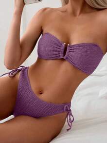 Swim Basics Solid Color Two-Piece Swimsuit For Beach Vacation - Purple - View 1
