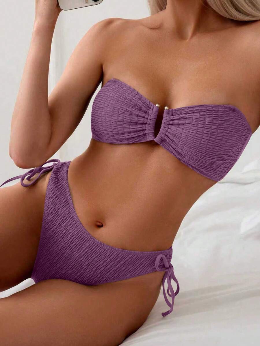 Swim Basics Solid Color Two-Piece Swimsuit For Beach Vacation - Purple - View 1