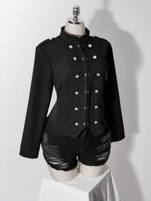 SHEIN ICON Women's Plus Size Distressed Washed Double-Breasted Jacket Fall - Black - View 9