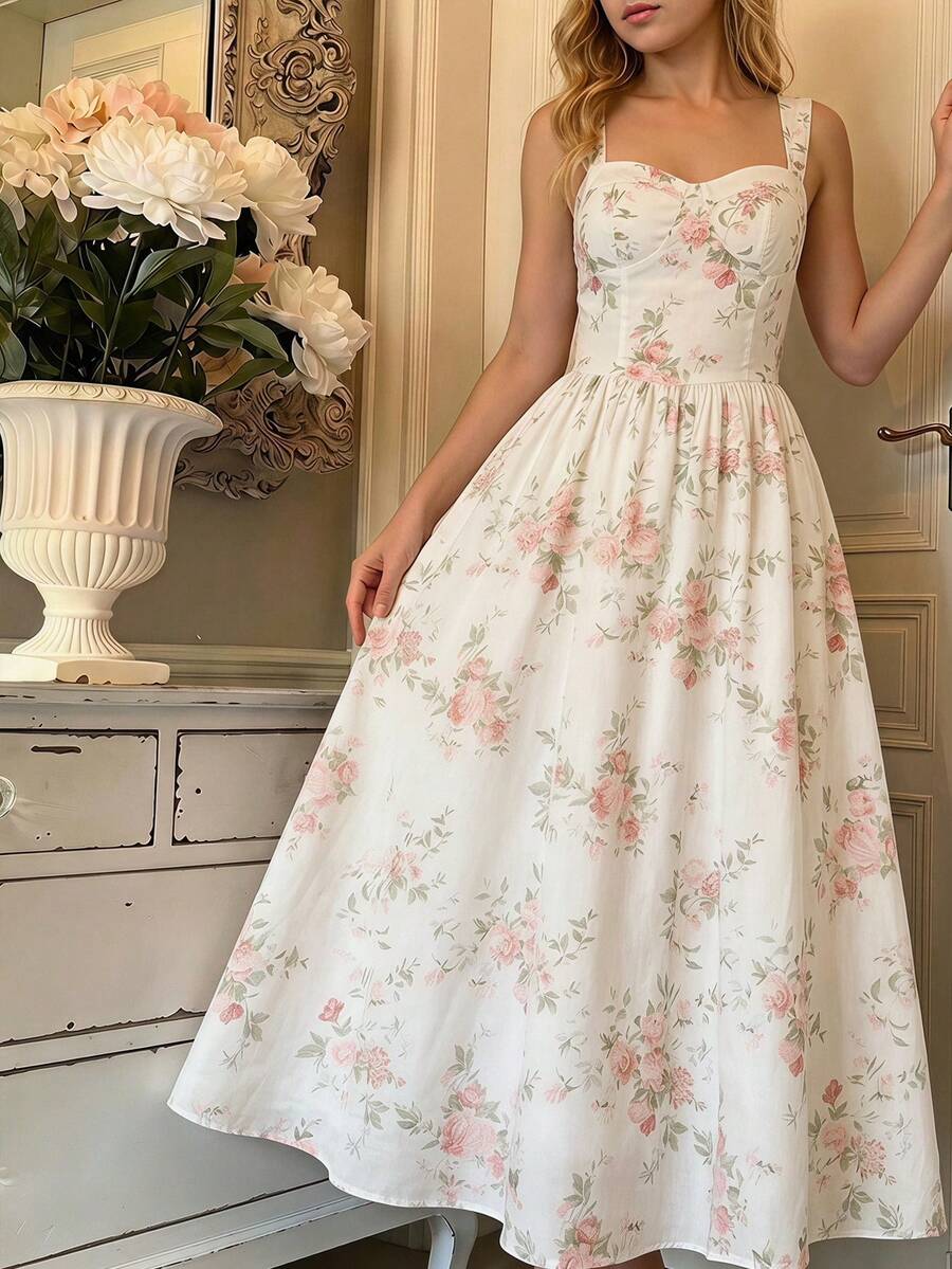 SHEIN Tween Girls'Elegant Floral Print Spaghetti Strap Ruffle Hem A-Line Maxi Dress,Bohemian Style White And Pink,Summer,Modest,Picnic Beach Vacation Dress - White - View 1