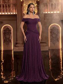 Glamrae Elegant Off-Shoulder Knitted Fabric Ruched Design Waist Fan-Shaped Pleated Tummy-Control Bodycon A-Line Dress, Suitable For Ball, Business Events, Private Tea Parties, Birthday, Large Holiday Events, Wedding Guests, Women's Heavy Embellished Evening Gown, Long Dress, Formal Dress - Maroon - View 5