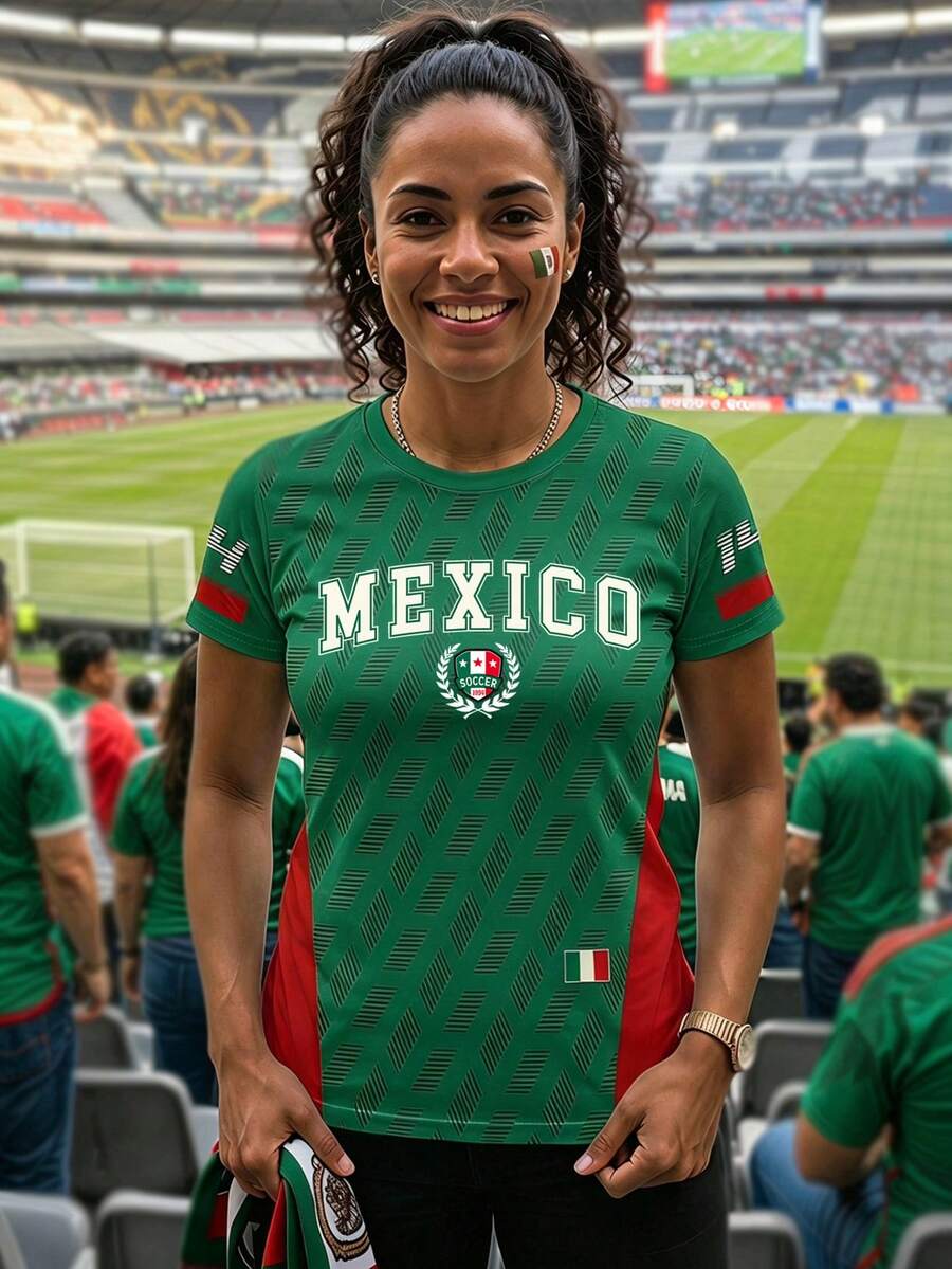 SHEIN LUNE 墨西哥國家隊球迷女款短袖拼接紅綠側邊板 MEXICO字母印花休閒T恤 世界盃觀賽上衣 - 彩色 - 查看 1