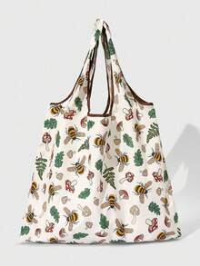 ROMWE Goth Cream Bee Mushroom Print Large Capacity Tote Bag Reusable Foldable Shopping Shoulder Bag, Lightweight Travel Grocery Shopper - bee - View 1