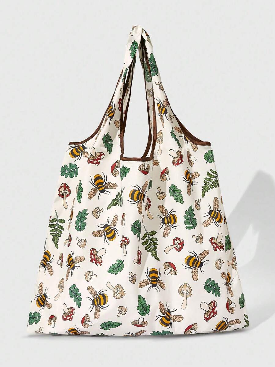 ROMWE Goth Cream Bee Mushroom Print Large Capacity Tote Bag Reusable Foldable Shopping Shoulder Bag, Lightweight Travel Grocery Shopper - bee - View 1