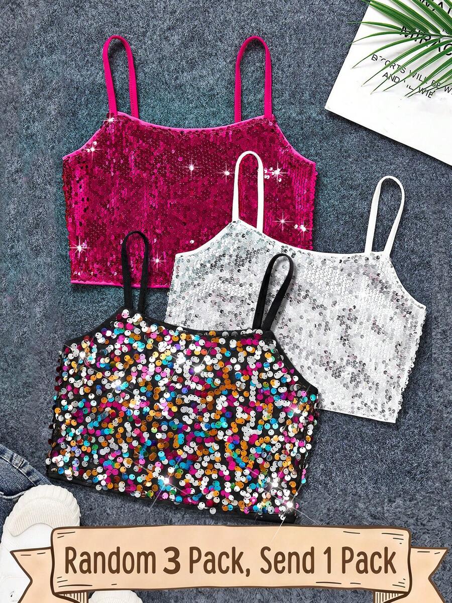 SHEIN 女童 1 件運動街頭風亮片肩帶背心上衣,適合運動風格 - 彩色 - 查看 1