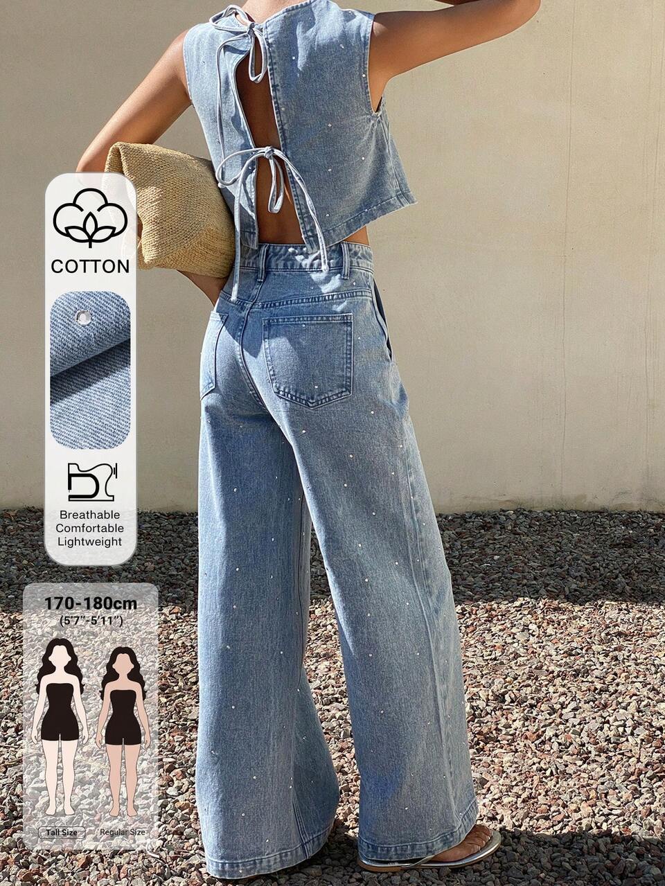 Women's Round Neck Back Tie Tank Top And Loose Long Pants Vacation Style Denim Set Going Out Light Blue Summer Casual Streetwear