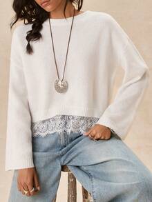 Easelle Vintage Casual Elegant Bohemian Round Neck Lace Patchwork Women's Sweater Evening White Autumn - White - View 2