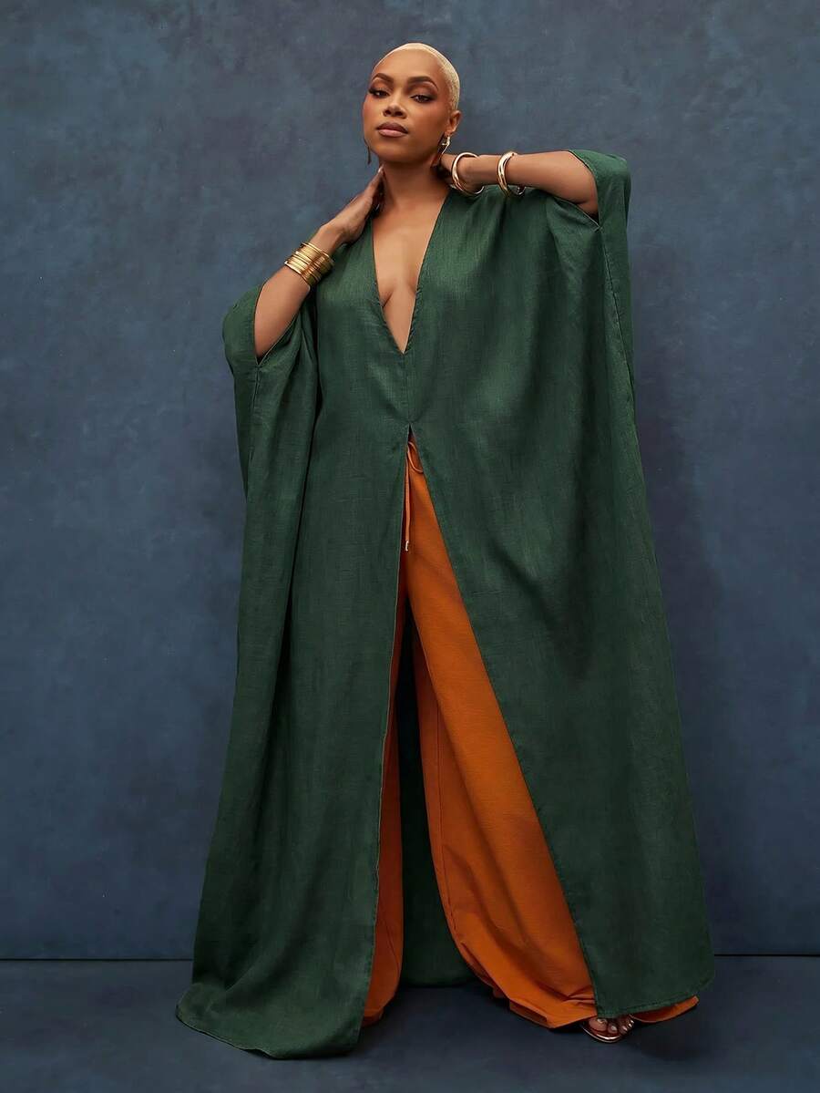Vixey Solid Textured Woven Low V Neck Drop Shoulder Split Hem Maxi Top, Beach Cover Up, Resort Wear, Beach To Dinner, Vacation Top - Olive Green - View 1