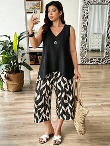Weeklong Plus Size Vacation Casual Solid Color Tank Top & Floral Print Pants 2-Piece Set - Black - View 4