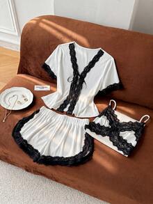 Moireta Women's Contrast Lace Front Tie Short Sleeve Top, Shorts & Cami Nightgown Set - White - View 3