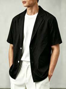 Manfinity CasualCool 男士西裝襯衫，大口袋翻領短袖薄款襯衫 - 黑色 - 查看 7