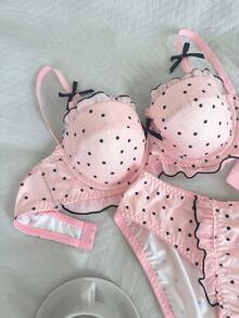 Napfluff Set Bra Push-Up Setengah Cup Motif Polkadot Pink & Hitam dengan Pita untuk Wanita - Coral Pink - View 3