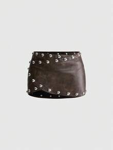 ROMWE Y2K Hot Girl Music Festival Electronic Music Festival Rivet Decor Layered Waistband Washed Skirt - Brown - View 1