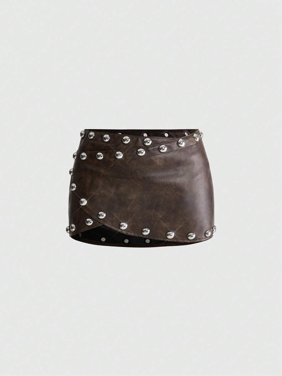 ROMWE Y2K Hot Girl Music Festival Electronic Music Festival Rivet Decor Layered Waistband Washed Skirt - Brown - View 1