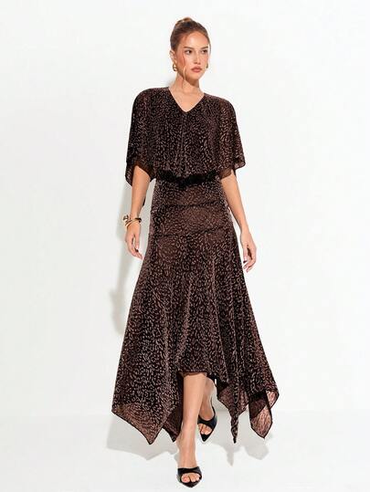 Barévion Gaun Model A-Line Jacquard dengan Kerah V dan Hem Model Sapu Tangan, Elegan dan Mewah, Motif Leopard Hitam Putih, Cocok untuk Pesta, Makan Malam, Acara Formal, dan Musim Panas.