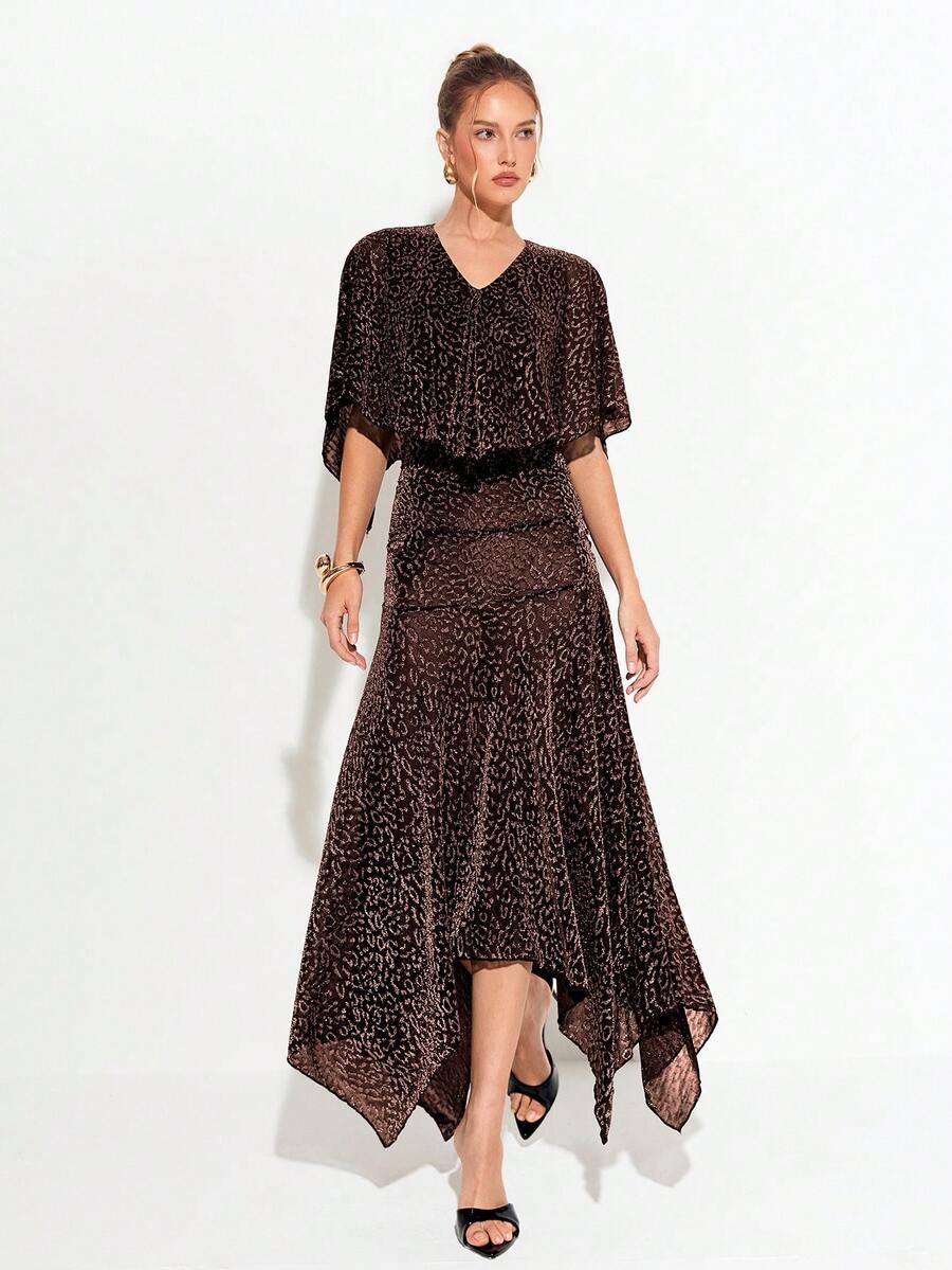 Barévion Dress Cinched A-Line Jacquard Cape V-Neck Handkerchief Hem Elegant Luxury Black Elegant Dresses For Party Formal Official Print Dress Summer - Brown - View 1