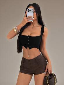 SHEIN PETITE 女款純色前拉鍊休閒短褲，超短褲，適合嬌小女性 - 咖啡棕 - 查看 5