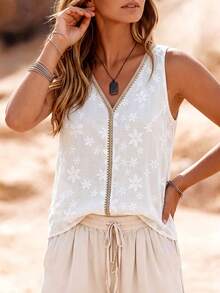 EMERY ROSE Canotta da donna taglie forti con stampa floreale, senza maniche, collo rotondo, casual per vacanze estive - Bianco - Visualizzare 6