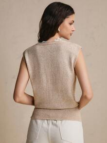 CielaLinda Women's Knit Sweater Vest Top, Lace Patchwork Cap Sleeve Tank, Sleeveless Knit Top - Camel - View 2