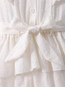 Elladie kids Vestido de niña con mangas cortas, cinturón y volantes en el bajo, de unicolor - Blanco - Ver 5