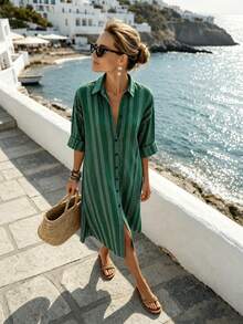 Louniche Women's Elegant Tropical Fashion Commuter Casual Comfortable Charming Vintage High-End Holiday Vacation Seaside Mid-Length Sleeve Shirt Collar Dress - Dark Green - View 4