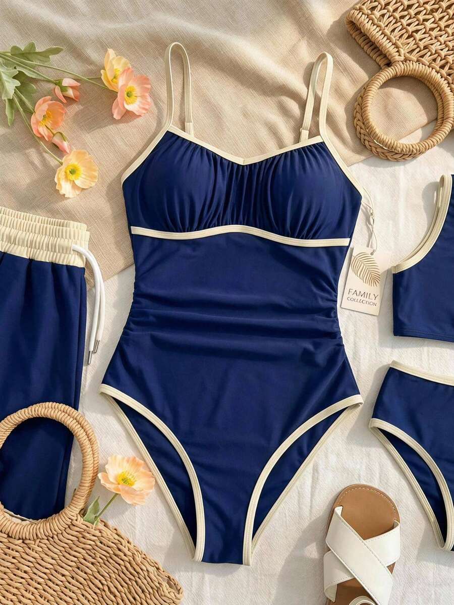 SHEIN Traje de baño de una pieza con volantes y bloques de color para mujer para el verano y las vacaciones en la playa - Multicolor - Ver 1