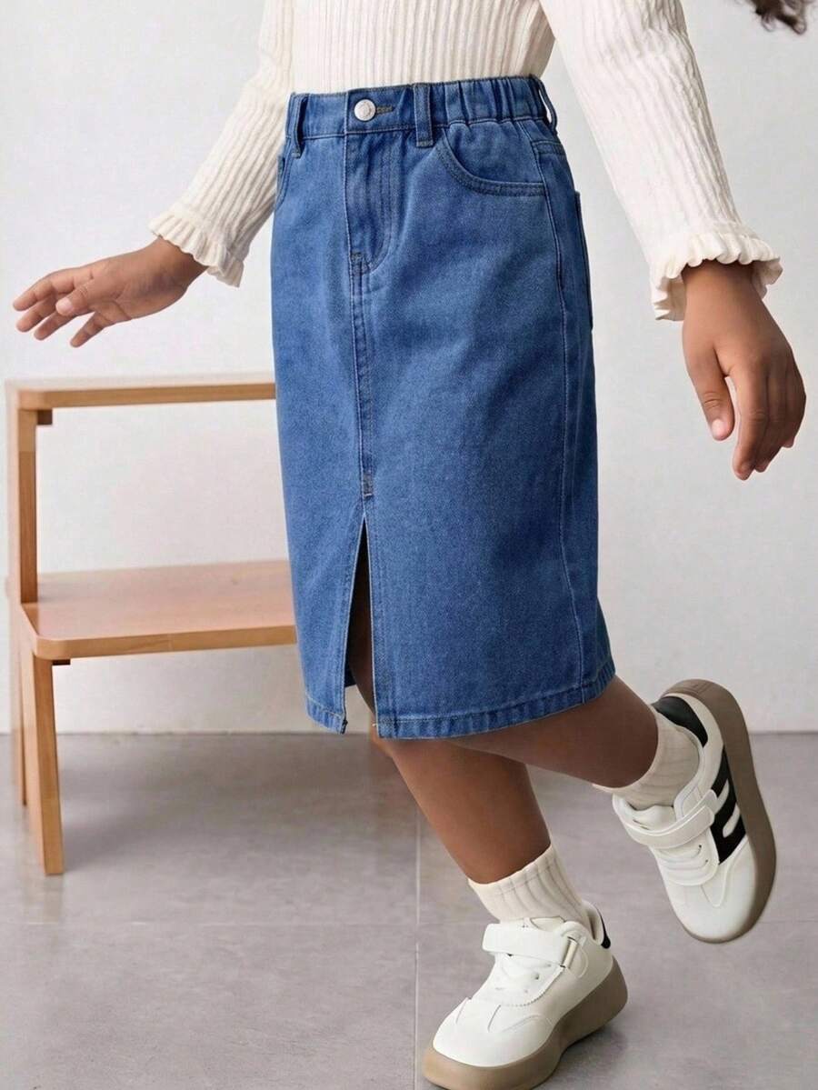 Maija Kids Maija Kids 女童休闲基础款蓝色牛仔裙，春夏波西米亚风半身裙 - 深色水洗藍 - 查看 1