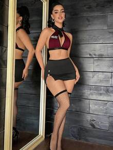 Fantasy Costume Fantasy Costume 女款性感警察服裝套裝，含領帶、修身開衩裙與魚網襪，5件組 - 酒紅色 - 查看 5