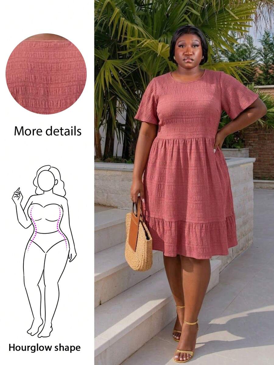 CurvyTilda Plus Size Summer Solid Color Textured Ruffle Hem Casual Vacation Dress, Western Wear, Festival Boho Hippie Cowgirl Outfit Old Money Bohemian Elegant - Dusty Pink - View 1