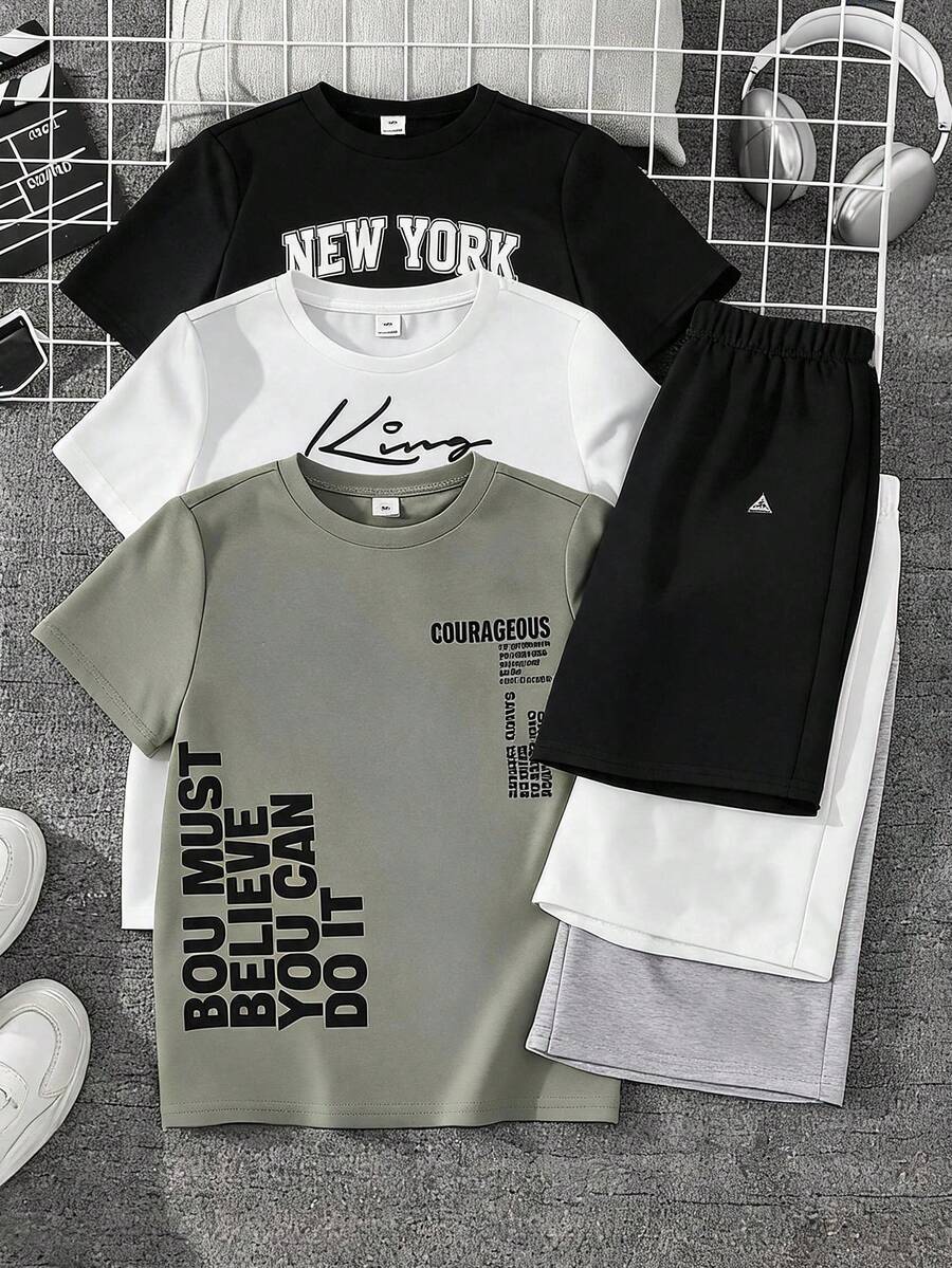 SHEIN 6件組 青少年男孩舒適休閒風壓紋圓領短袖T恤上衣搭配裝飾短褲兩件套,適合外出、街拍、派對與休閒穿著 - 彩色 - 查看 1