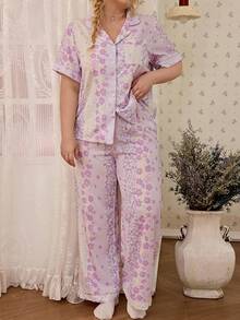 CottageSlumber Conjunto de Pijama Talla Grande con Estampado Floral & Cuadros Romántico Pastoral - Multicolor - Ver 5
