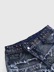 ROMWE Grunge Punk 女款 Y2K 復古亞文化破洞緊身貼身牛仔短褲，磨損下擺、鉚釘與珠飾裝飾 - 藍色 - 查看 3