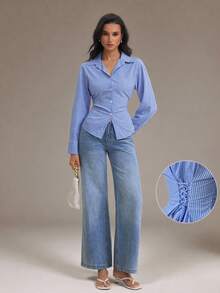 SHEIN Tall Women's Blue And White Striped Long Sleeve Shirt, Back Ruched Shirt, Daily Commute Shirt, Vacation Shirt, Waist-Cinching Striped Shirt, Spring Summer Autumn Winter Clothing Commute, Elegant, Vacation, Bohemian, Workwear - Blue and White - View 3