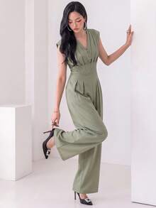 Heiryn Women's Solid Color Button Design Pleated Wide Leg Elegant Jumpsuit - Green - View 7