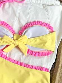 Swim Mod Teen Girl Polka Dot Print Ruched Bandeau Bikini Top With High Waist Ruffle Triangle Bottoms Women's Swimsuit Set - Yellow - View 3