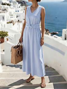 Breezaya Plus Size Women V-Neck Striped Casual Party & Travel Dress - Rust Brown - View 5