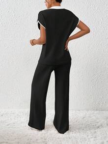 EMERY ROSE 2pcs/Set Women's Loose Knit Casual Contrast Trim & Drawstring Sweater & Pants - Black - View 2