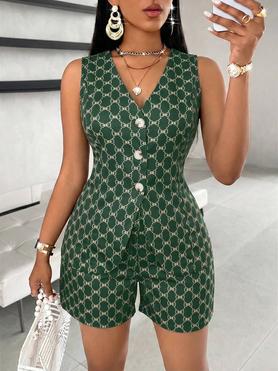 SOLERSUN Women's Vintage Allover Print Solid Button Front Vest Blazer & Shorts,Business Suit Set - Dark Green - View 1