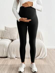 SHEIN Maternity Casual Soft Form Versatile Solid Color High Waist Leggings, Summer, Black Work Photoshoot Gender Reveal Party - Black - View 3