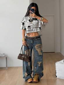 Coolane Newspaper Print Mesh Short Sleeve Top - Black and White - View 5