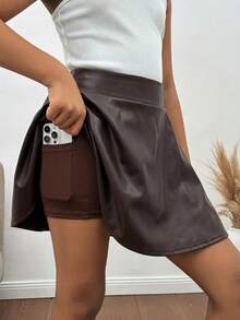 SHEIN Tween女孩純色PU皮革時尚百搭秋季裙 - 咖啡棕 - 查看 1